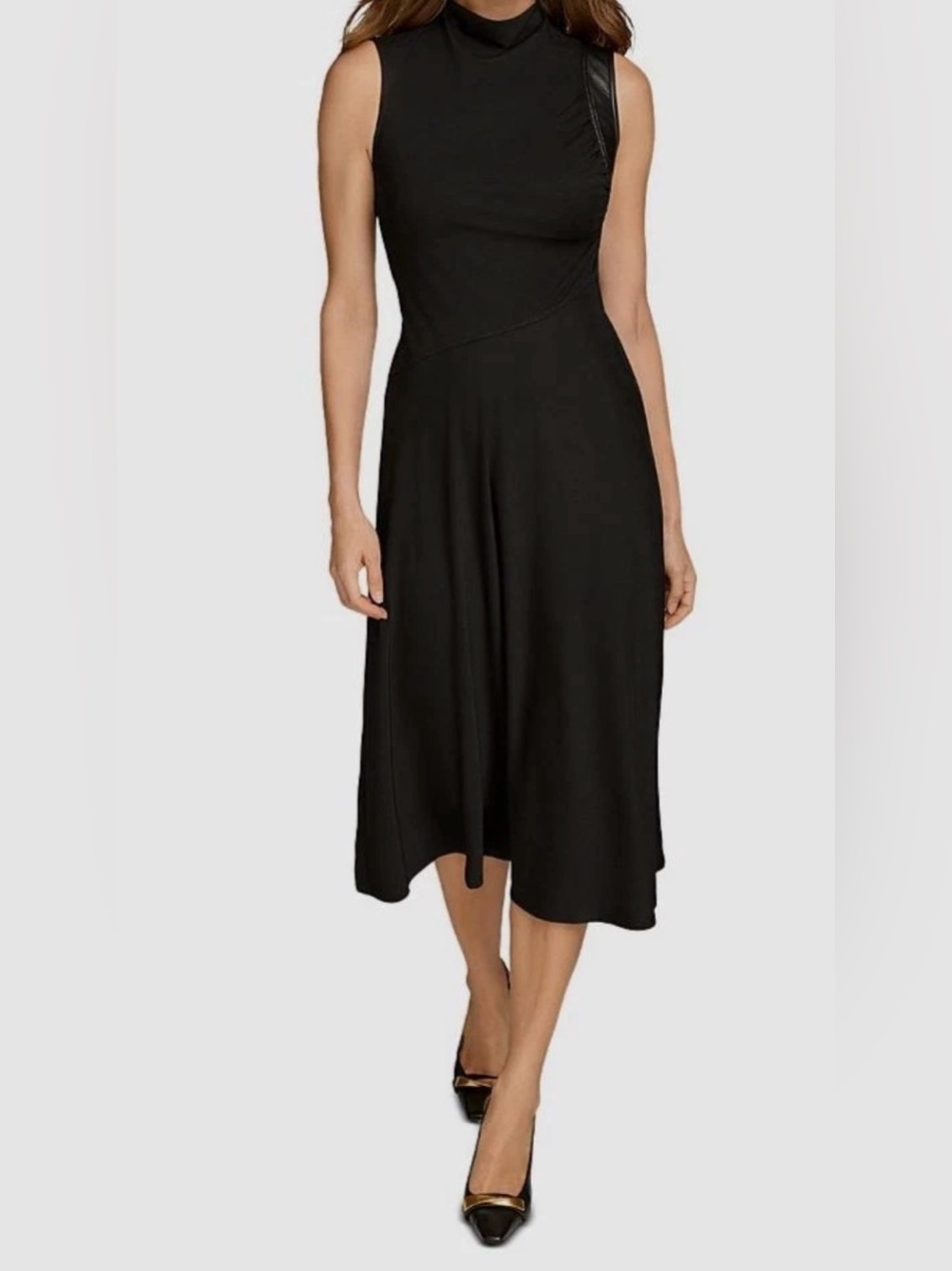 Donna Karan New York Sheath Black Mock Neck Midi Dress Size 2 Faux Leather Trim
